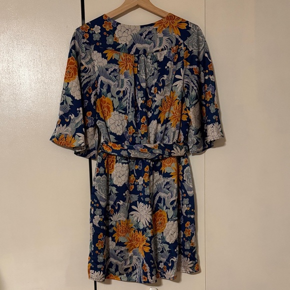 Floral Navy Wrap Dress with Gold Accents - Picture 3 of 10